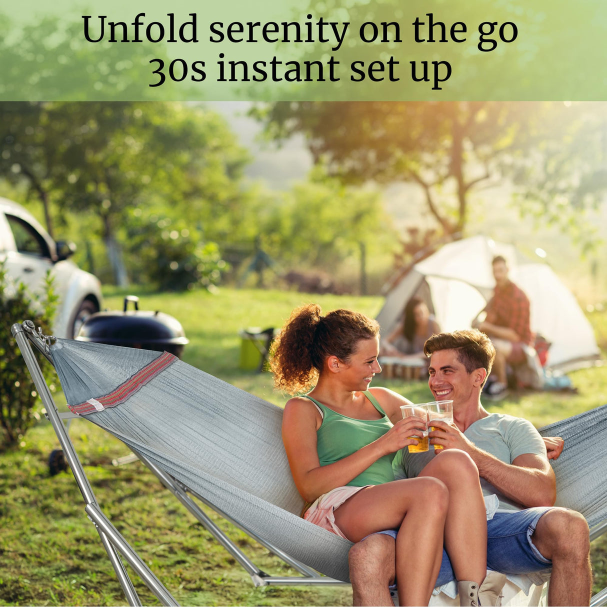 Tranquillo Double Hammock with Stand 650lb Capacity Double Hammock with Spreader Bar, Solid Grade 201 Stainless Steel 30s Set Up, Sturdy Flexible Hammock Stand Portable, Outdoor Indoor, Grey Tranquillo