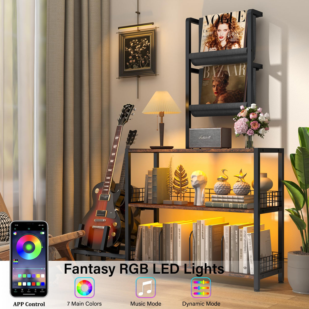 kepptory Display Shelf Bookshelf with RGB Lighting, Wooden Curio Cabinet Floor Lamp with Shelves, Vinyl Holder and Adjustable Stand, Record Player Stand Bookcase for Living Room Bedroom Décor (Brown) kepptory