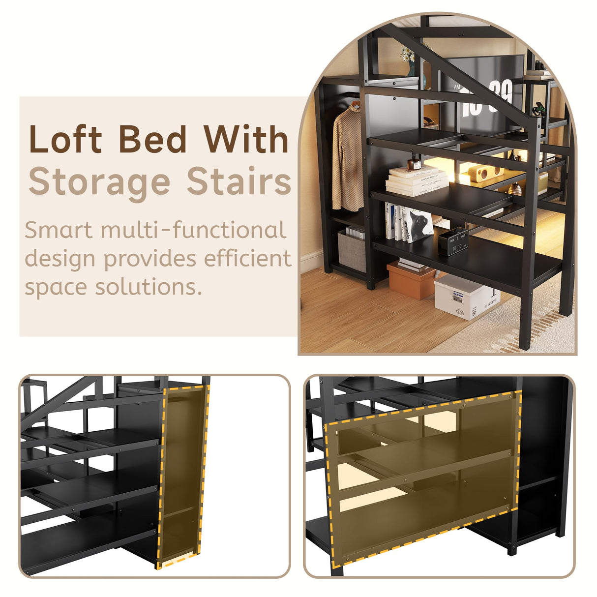 Full Size Loft Bed with LED Light & TV Table, Adults Loft Beds with Charging Station & Storage Bookcase, Wardrobe, Heavy-Duty Metal Lofts Frame with Stairs for Kids, Teens & Youth Dorms, Black Mirightone