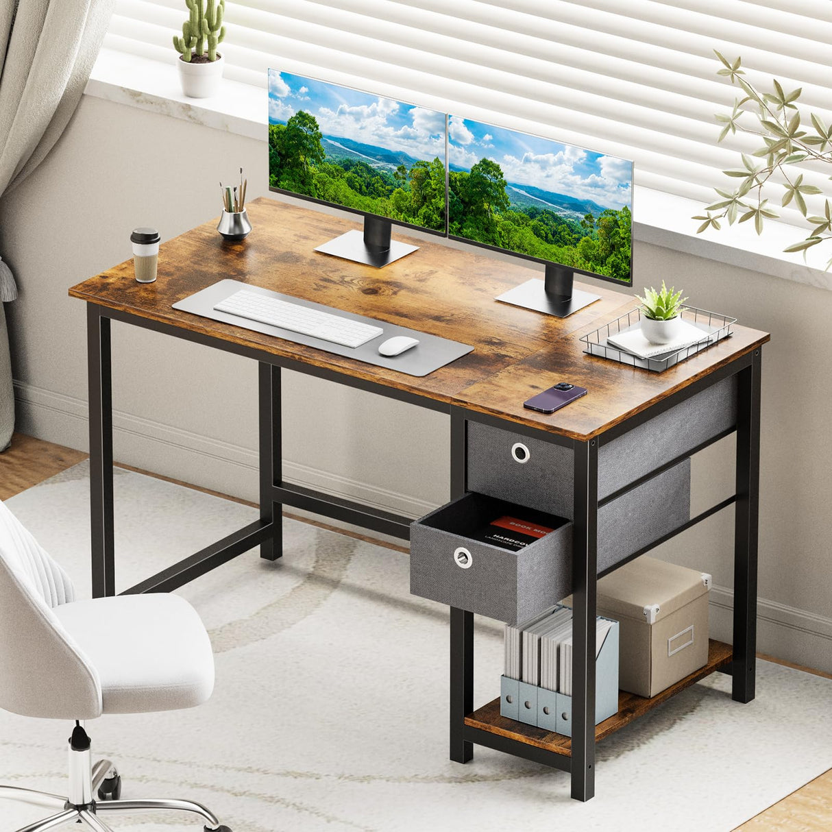 SMUG Computer Desk with Storage Drawers, 40 Inch Small Office Desk Modern Simple Workstation Study Writing Table for Home Bedroom, Rustic Brown SMUG