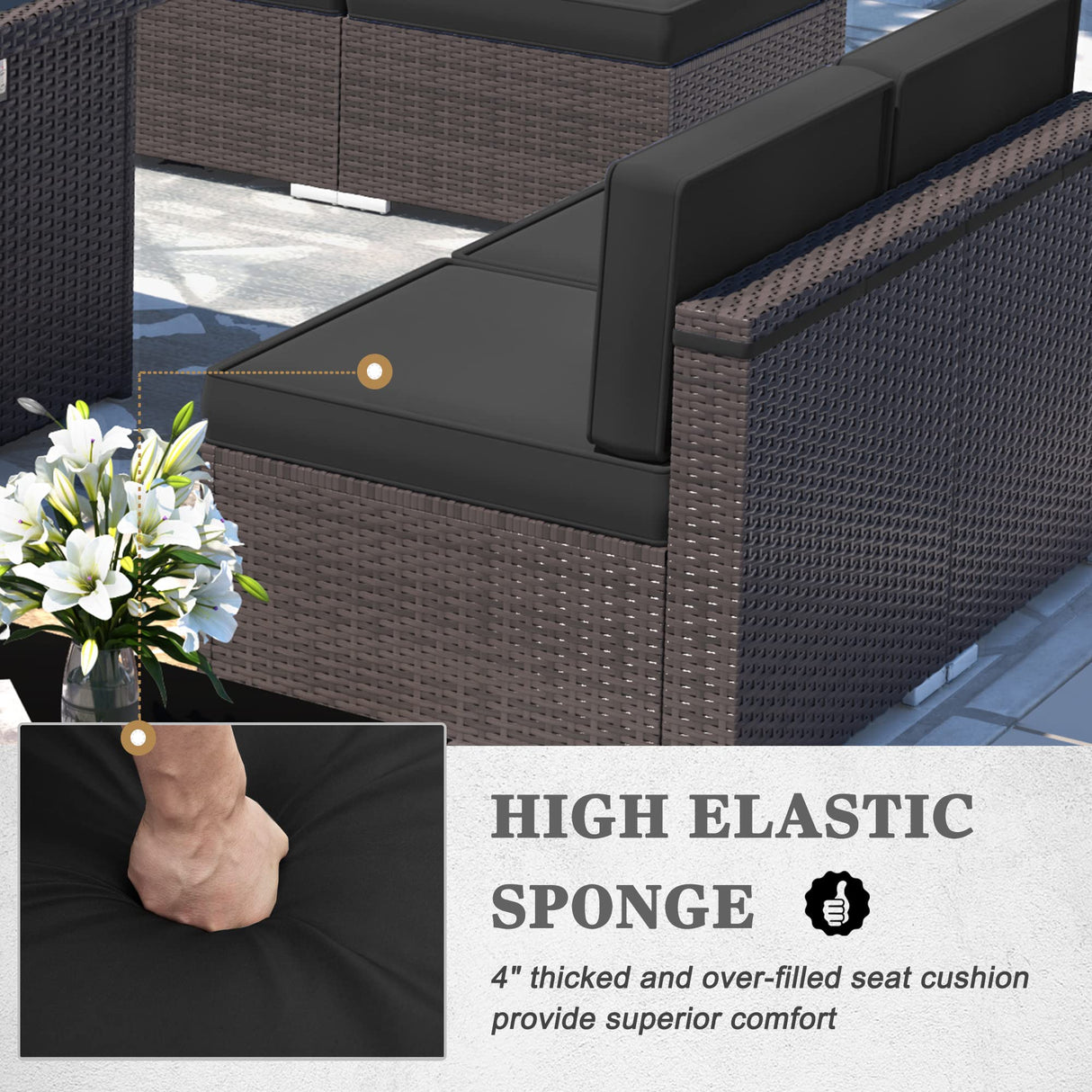 Vakollia 6 Pieces Patio Furniture Set with 44" Propane Gas Fire Pit Table, Outdoor Sectional Brown Rattan Wicker Conversation Sofa Sets with Coffee Table Vakollia