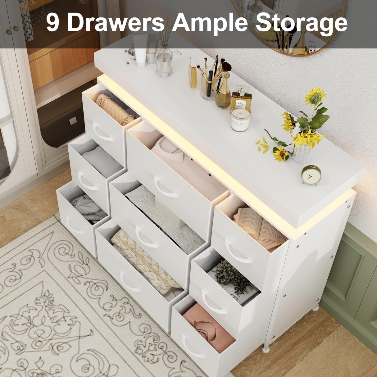 Tohomeor TV Stand 9 Drawer Dresser with Power Outlet LED Lights, Modern Chest of Drawers Fabric Drawers with PU Finish Small TV Console Table Dresser for Living Room (White, 9 Drawers) Tohomeor