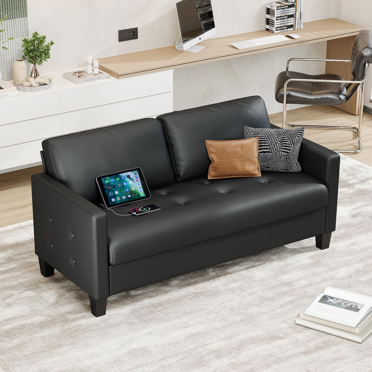 STHOUYN 59” Black Faux Leather Sofa Couch, Modern Comfy Office 2 Seater Couch Loveseat with USB and Tufted Armrest, Small Love Seat Couches for Living Room, Bedroom, Apartment STHOUYN