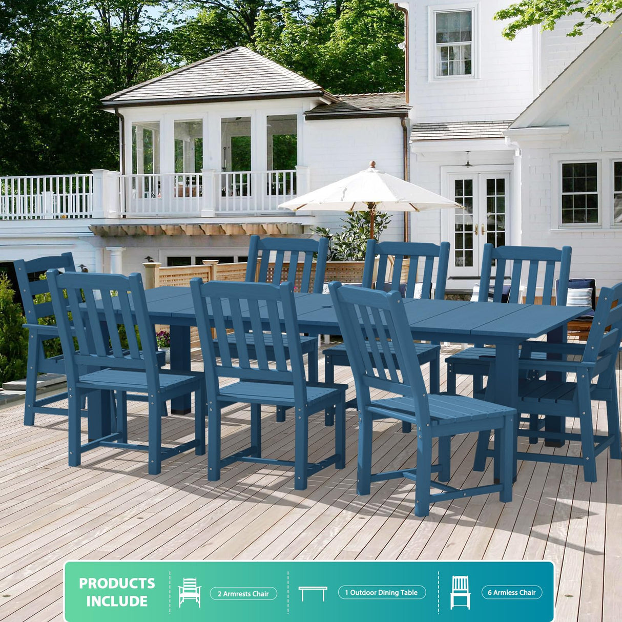 LOUNZY 9 Pieces Patio Dining Sets, Outdoor HDPE Furniture Set for 8 w/ 2" Hole Cut-Out Dining Table with 8 Patio Chairs(2 W/Armrest, 6 w/o Armrest), Navy LOUNZY