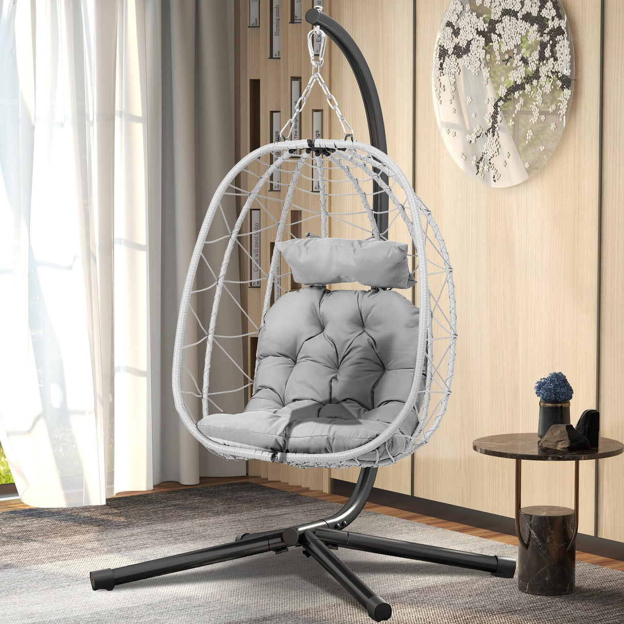 DWVO Egg Hanging Swing Chair with Stand Egg Chair Wicker Egg Chair with Cushions 330lbs for Patio, Bedroom, Garden and Balcony, Light Gray DWVO