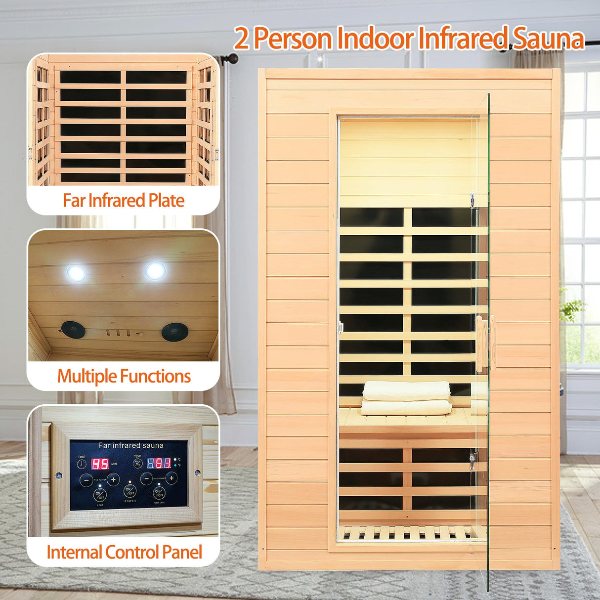 2 Person Infrared Sauna, Low EMF Far Infrared Sauna, Canadian Hemlock Wood Sauna for Home 1500W Indoor Sauna Home Spa Sauna with Bluetooth Speakers, Reading Lights, Roof Vent, Tempered Glass SALUSHEAT