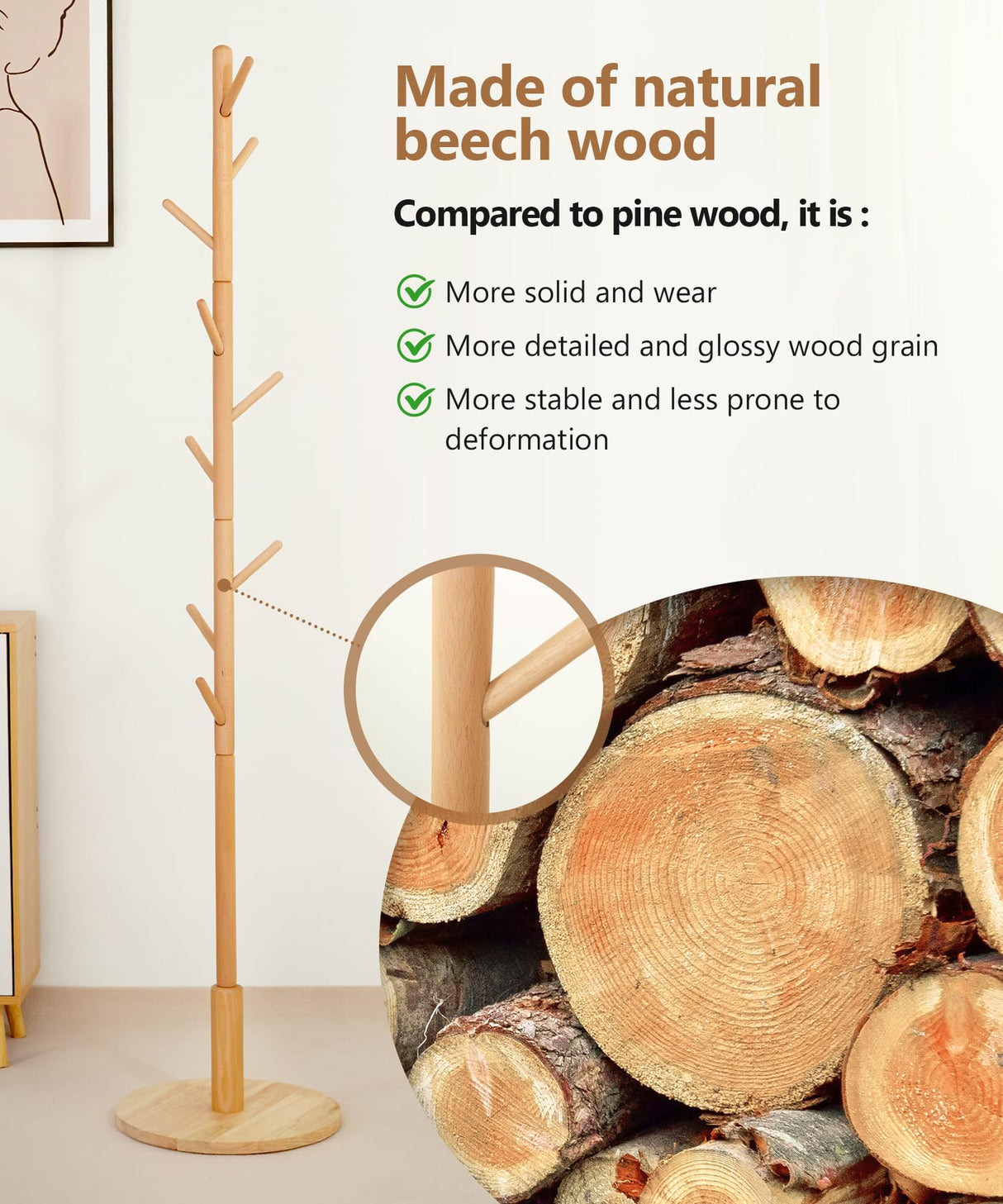 Cozivolife Solid Wood Coat Rack Stand with 9 Hooks, 3 Height Adjustable, Freestanding Coat Tree Hanger for Clothes, Hats, Scarves, bags, Bedroom, Office, Entryway Cozivolife