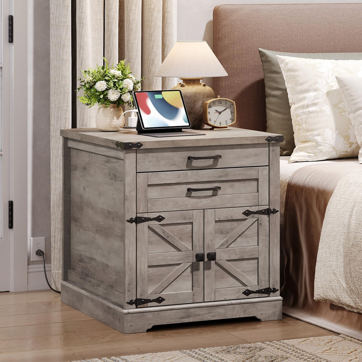 RALGEND Farmhouse End Table with Charging Station, 24'' Sofa Side Table with 2 Drawers and Barn Door, Large Rustic Wooden Square Nightstand for Bedroom, Living Room, Greige RALGEND