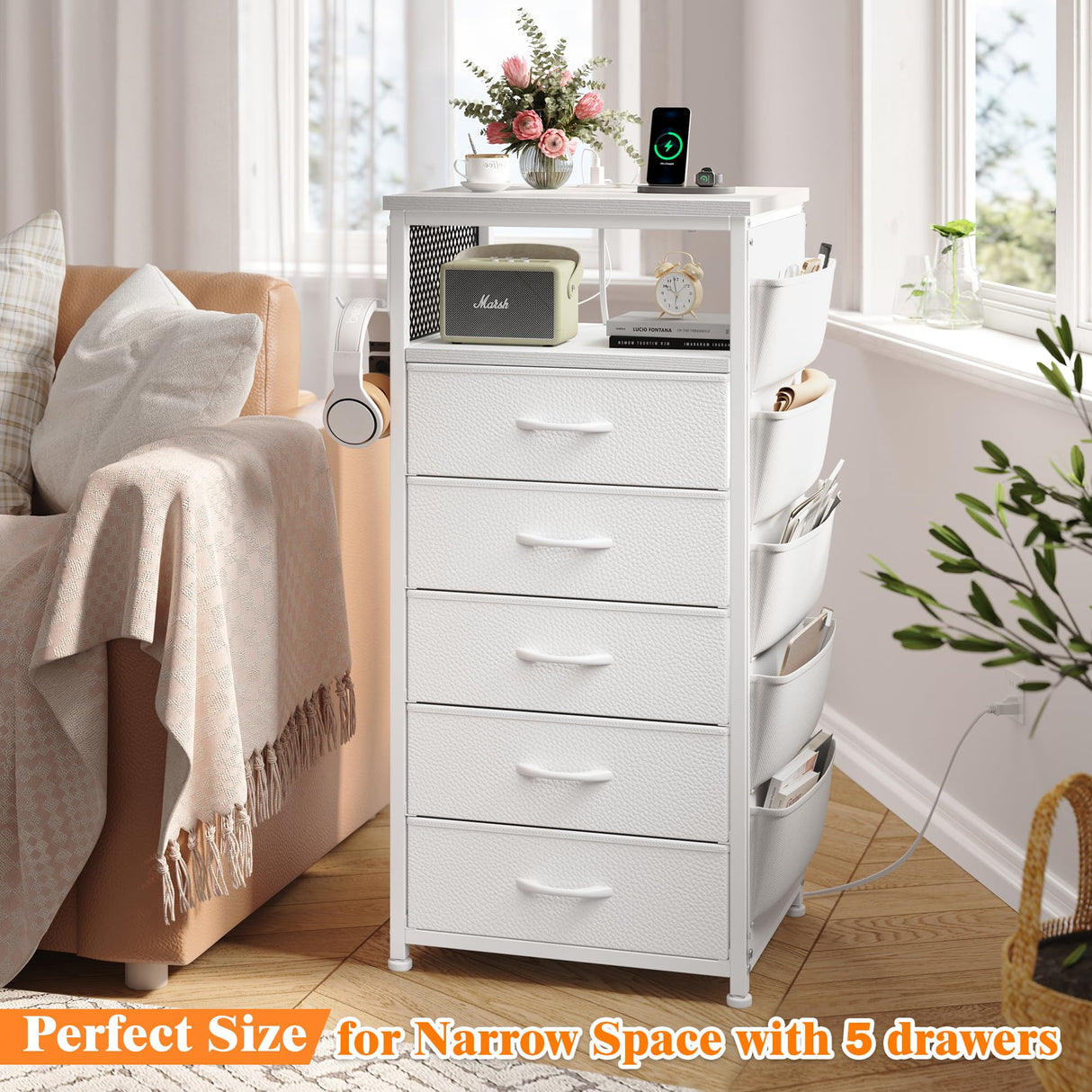 EnHomee Night Stand Set 2 with Charging Station, Tall Nightstand with 5 Drawers, LED Nightstands with USB Ports & Outlets, White Nightstand with Extra Side Bag & Hooks, Side Table, Dresser, Bedroom EnHomee