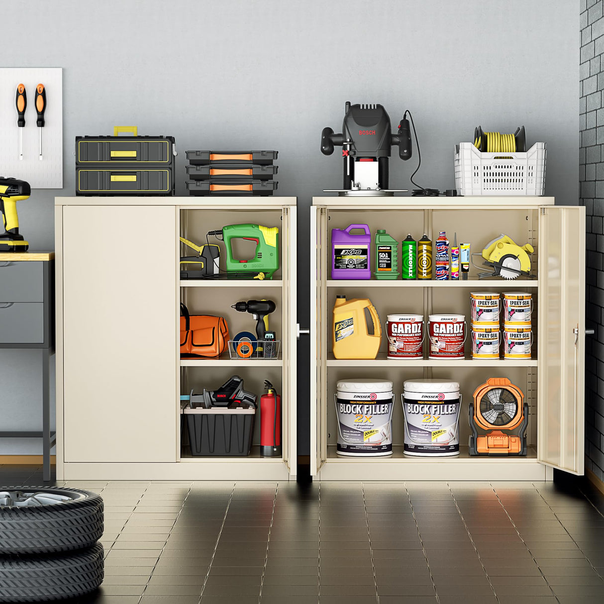 INTERGREAT Steel Storage Cabinet 42", Lockable Metal Storage Cabinet with 2 Doors Locking Counter Cabinet for Home Office (Grey) INTERGREAT