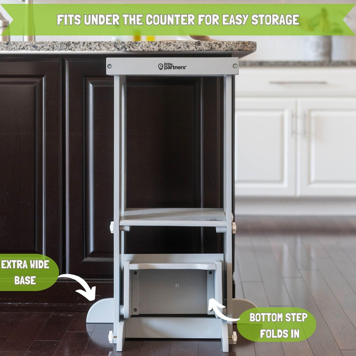 Little Partners Learning Tower Toddler Tower, Explore 'N Store Montessori Kitchen Tower for Cooking and Learning, 22.28" L x 19.56" W x 33.50" H, Ages 2 to 6 (Silver Drop) Little Partners