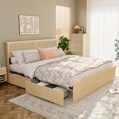 Yechen King Bed Frame with Natural Rattan Headboard and Wooden 4 Storage Drawers, Light Oak Metal Platform Bedframe with Strong Wooden Slats Support, Boho Cane Wood Bed, No Box Spring Needed