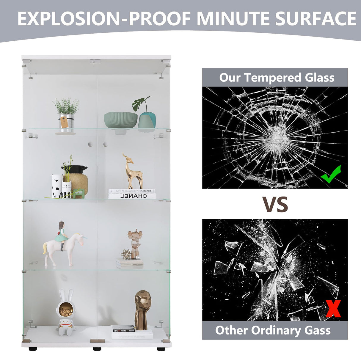 Fulocseny 64.5'' Glass Display 4-Shelf Cabinet in Clear with Two Door, White Modern Curio Cabinet Case Collection Display Case, Floor Standing Bookshelf for Living Room Bedroom Home Office (White) Fulocseny