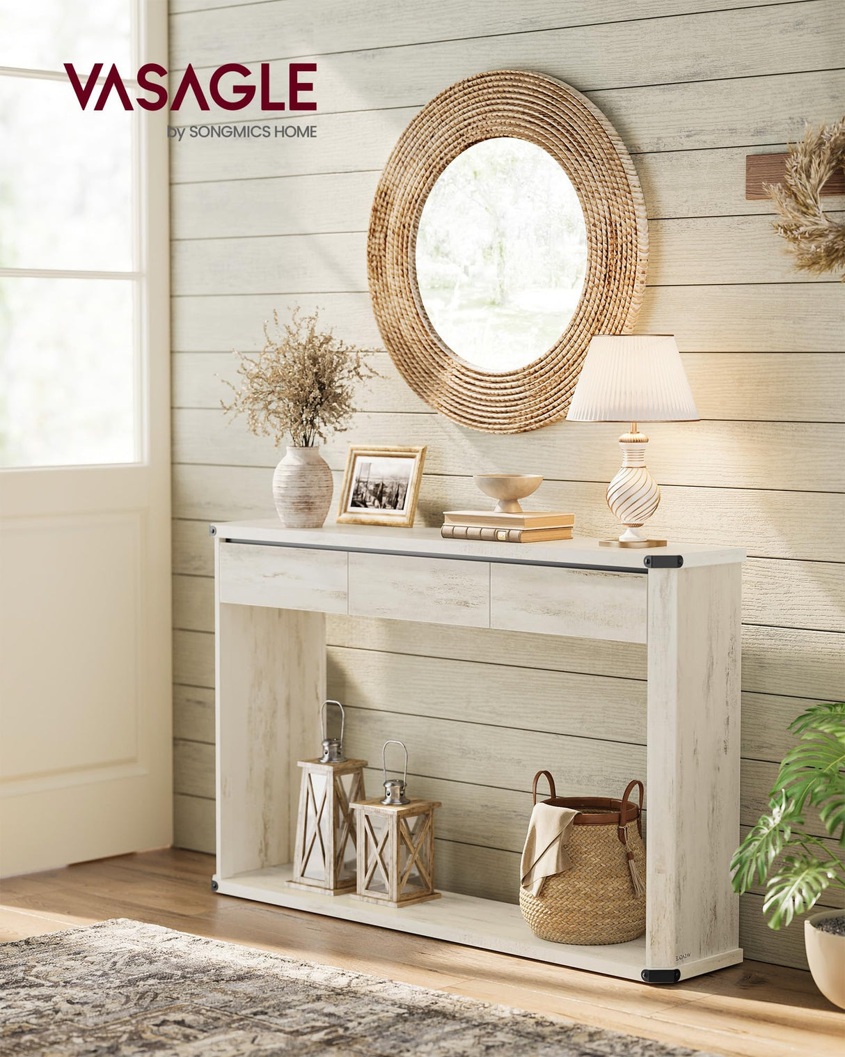 VASAGLE Console Table, 47.2 Inches Sofa Table, Narrow Entryway Table, Entry Table with 3 Drawers, Bottom Shelf, Metal Corners, for Living Room, Bedroom, Farmhouse Style, Rustic White ULNT143W73 VASAGLE
