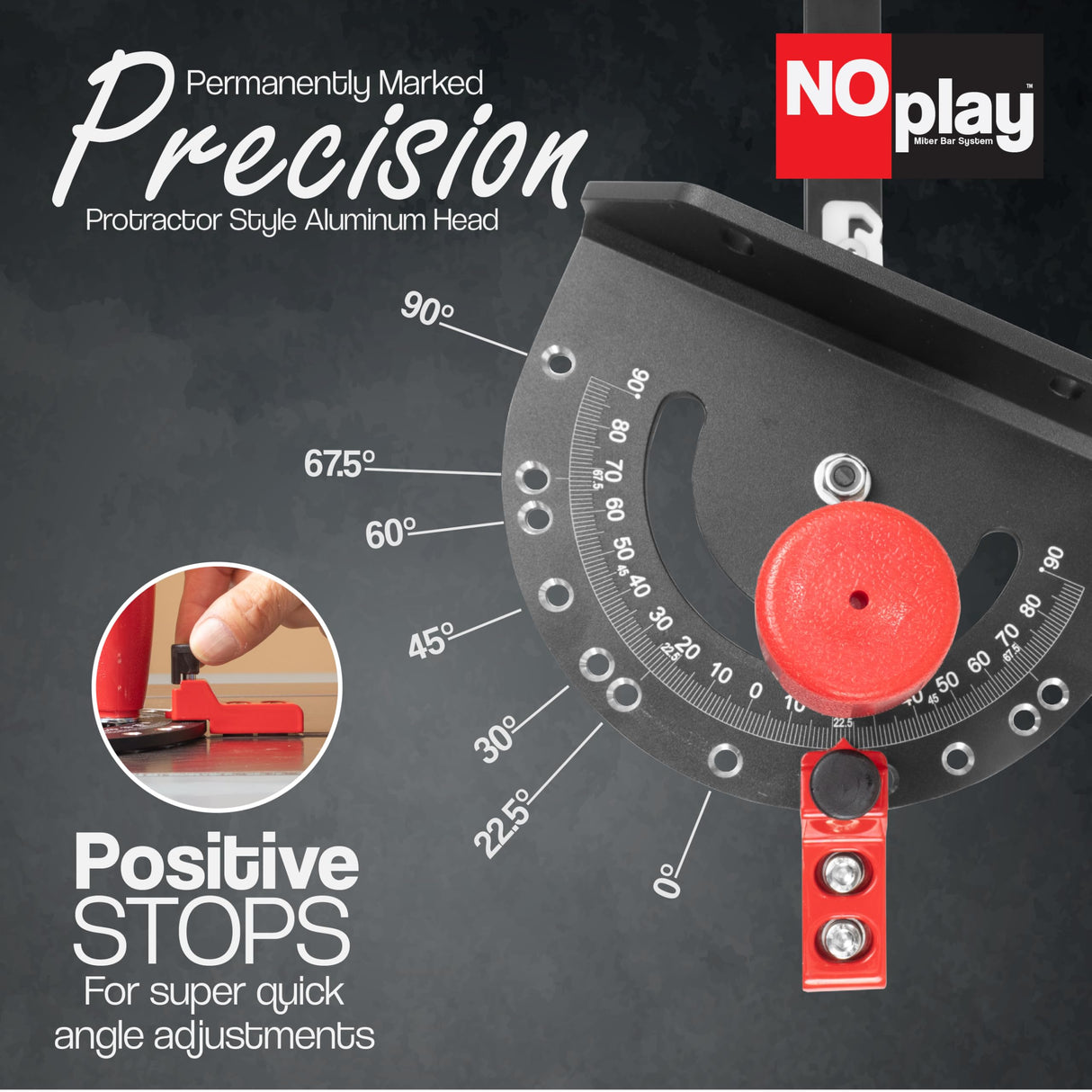 Fulton Miter Gauge 2000 SE Featuring NoPlay Expandable Glides • Steel Miter Bar Bar • Fits into a 3/4” x 3/8” Miter Slot • UHMW Slick Pad • Protractor Style Head with 13 Positive Stops Fulton