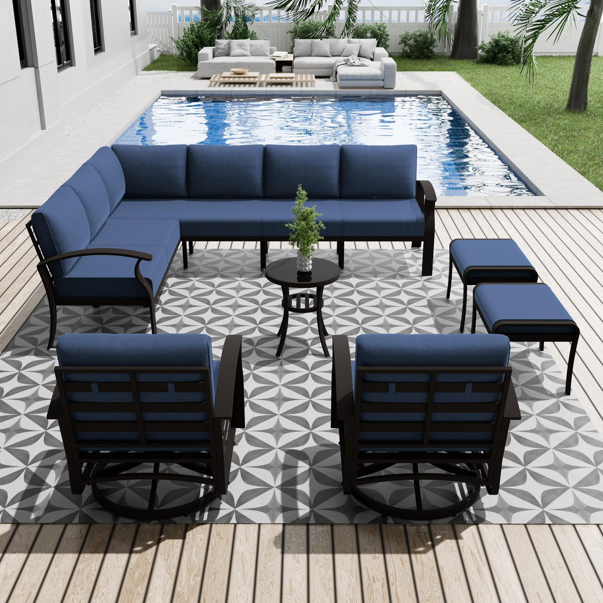 RTDTD Aluminum Patio Furniture Set, 10 Seats Outdoor Patio Conversation Set with Swivel Chair Modern Metal Patio Sectional Sofa with Coffee Table for Patio, Backyard(Navy Blue). RTDTD