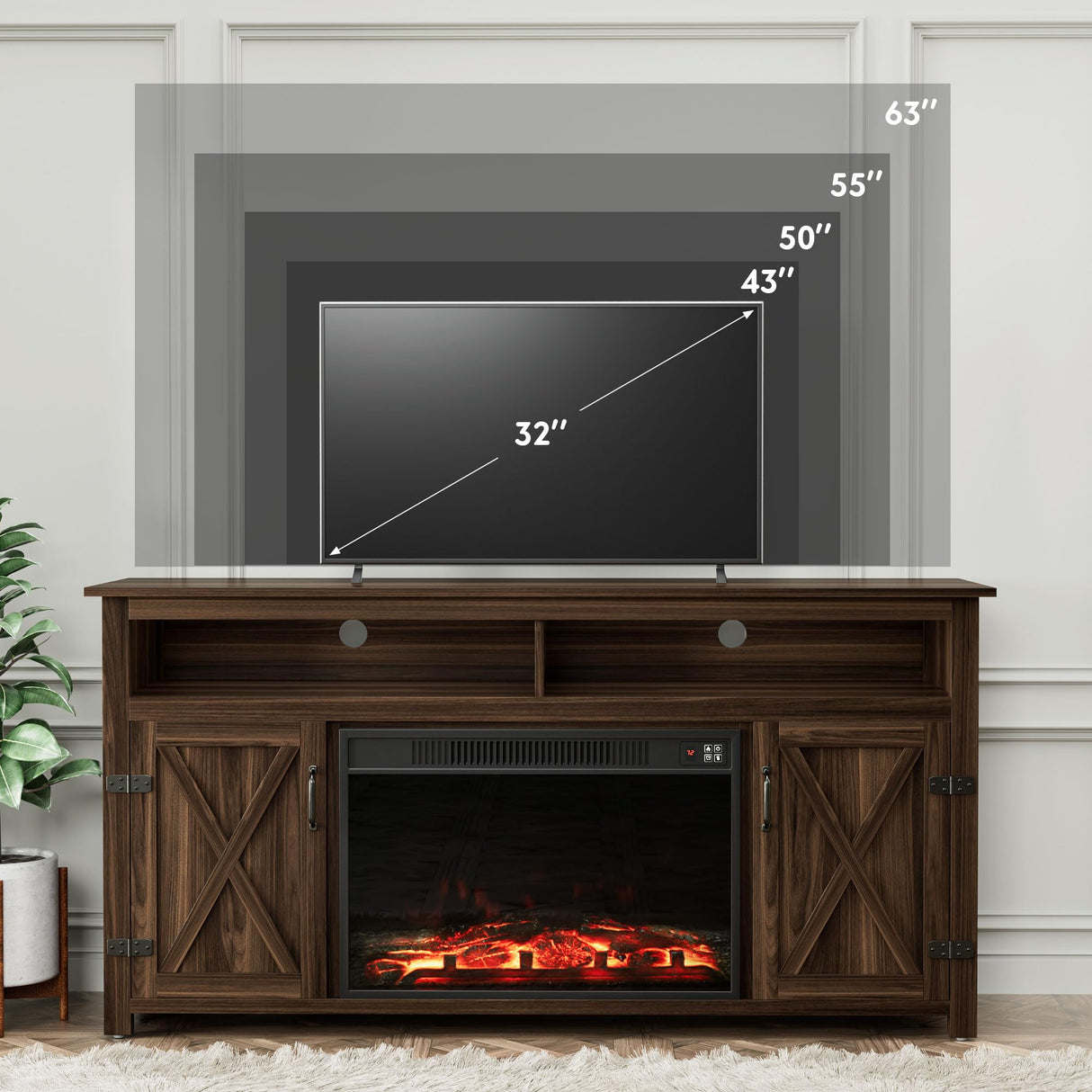 YESHOMY Fireplace TV Stand for Television up to 65+ Inch with Storage and Farmhouse Barn Doors, Entertainment Center with Cabinet and Shelves, Media Console for Living Room, Walnut YESHOMY