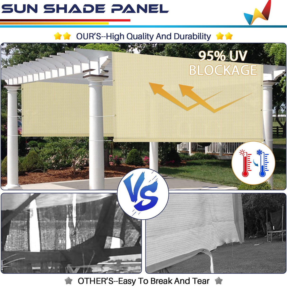 Windscreen4less 10' x 16' Universal Replacement Shade Cover Canopy for Pergola Patio Porch Privacy Shade Screen Panel with Grommets on 2 Sides includes Weighted Rods Breathable UV Block Beige Tan Windscreen4less