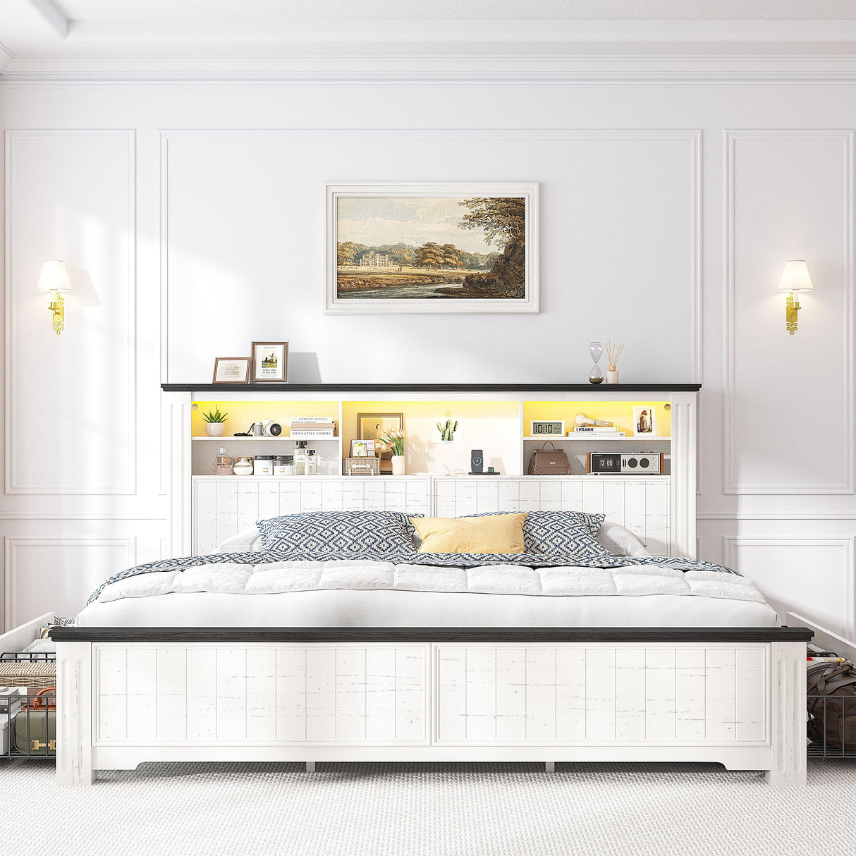 EnHomee King Bed Frame with Headboard and Storage, 4 Drawers & LED & USB King Bed Frame with Storage Farmhouse King Size Bed Frame Built in Charging Station,NO Noise,No Box Spring Needed,White EnHomee