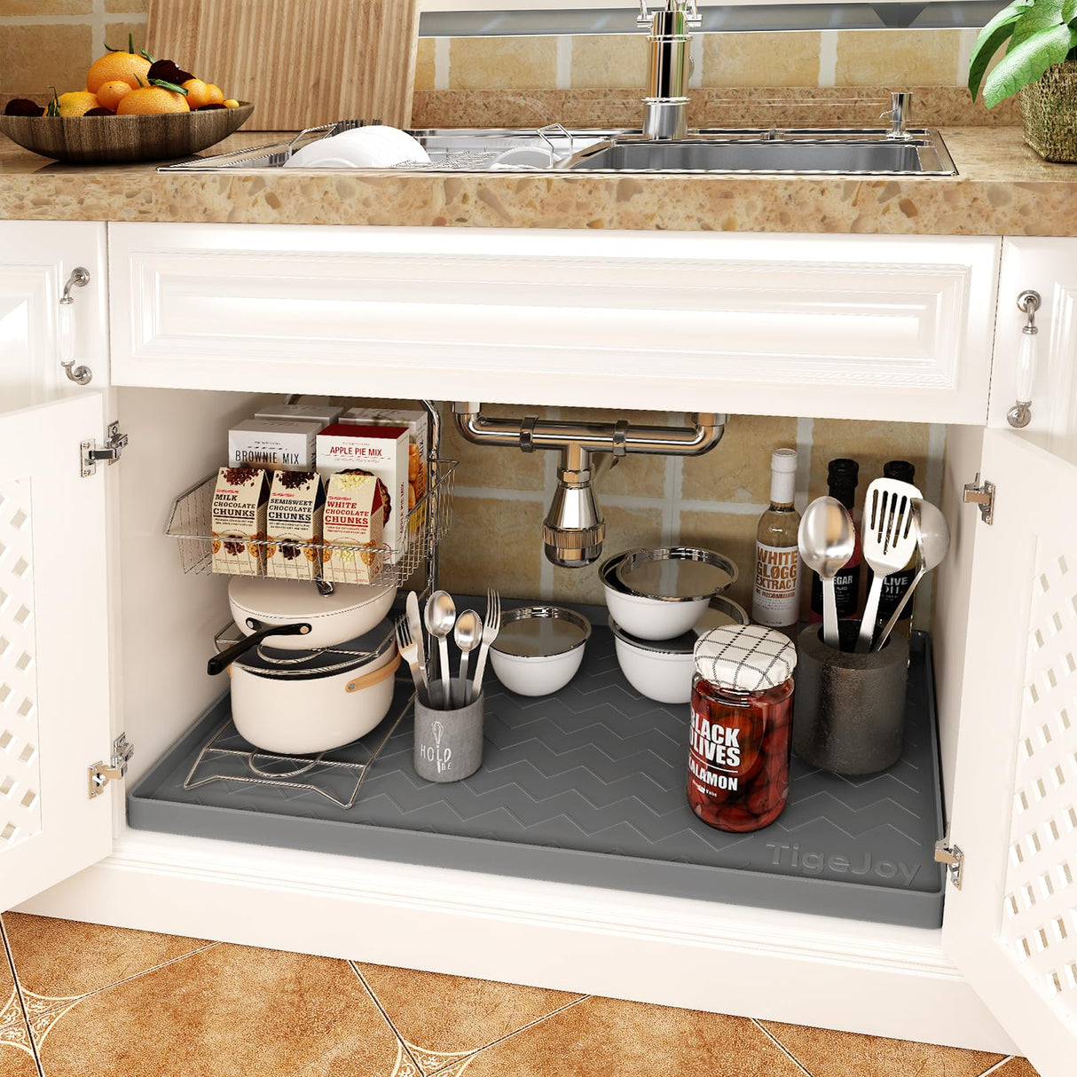 TigeJoy Under Sink Mat for Kitchen Cabinet 34" x 22", Upgraded Thick Silicone Waterproof Protector with Raised Edge, Anti-Leak Shelf Liner for Bathroom Tray Sink Organizers and Storage TigeJoy