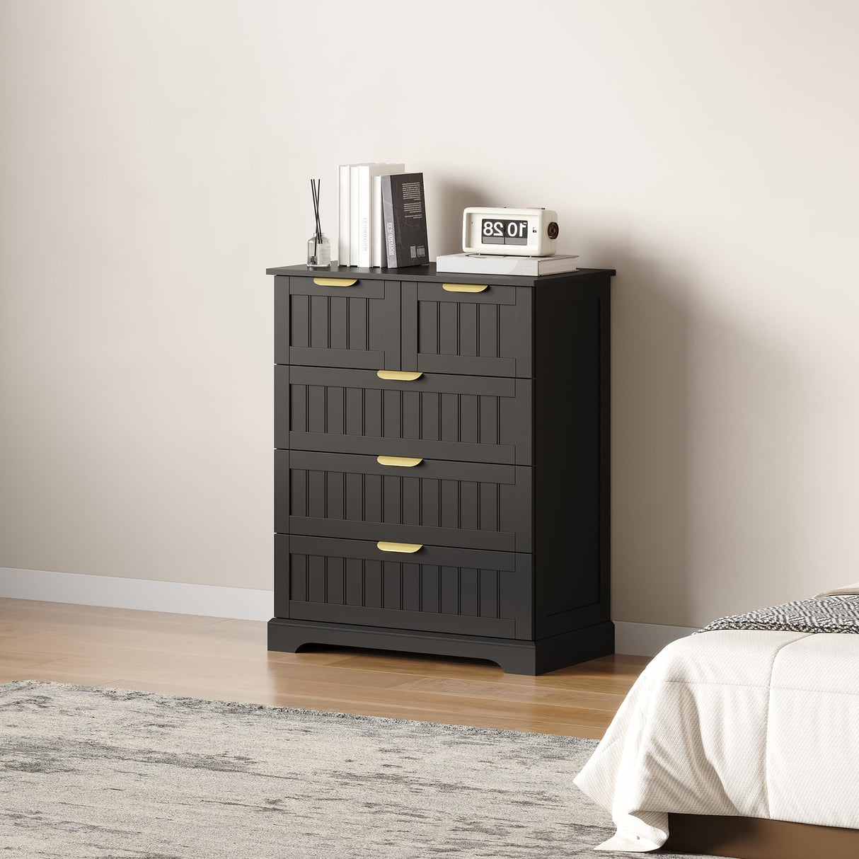 ELUREVIA 5 Wooden Drawer Dresser for Bedroom Storage, Modern Farmhouse Wood Chest of Drawers with Metal Handles, Wide Storage Cabinet for Closet, Living Room, or Entryway Black ELUREVIA