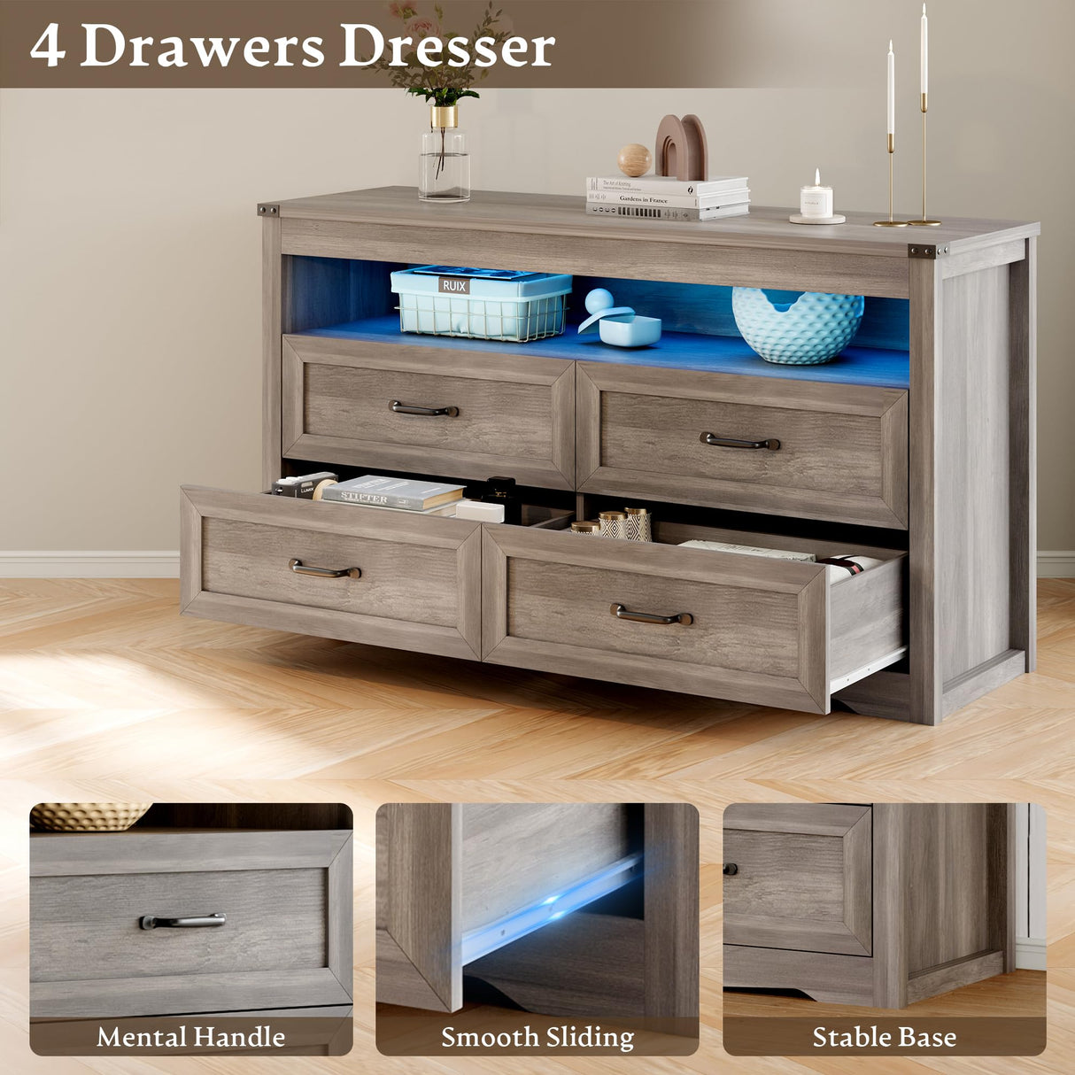 Dresser for Bedroom with 4 Drawers, Farmhouse Chest of Drawers with Natural Texture and LED Lights, Wide Wood Rustic Closet Storage Organizer, Modern Dresser TV Stand for Living Room, Entryway, Grey Xixini