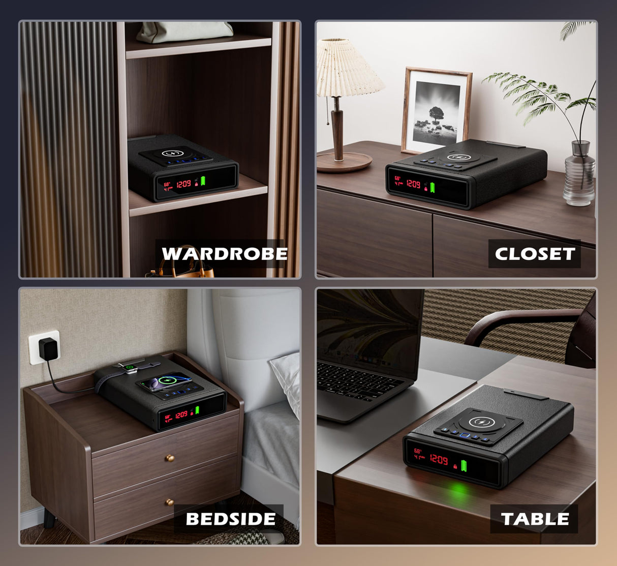 Biometric Smart Safe with Wireless Charging for Phone and Watch, 3 Quick Access Stopbox with Fingerprint Backlit Keypad - Compact Nightstand Drawer with LED Light, 24/7 Digital Clock, Bedside, Office ORARAER