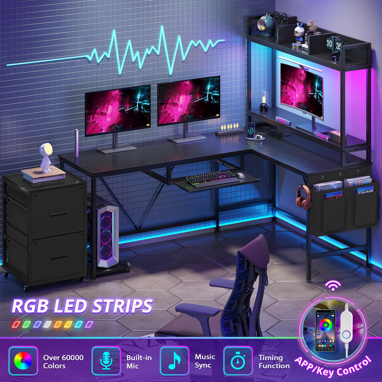 UPOSOJA L Shaped Gaming Desk with Keyboard Tray, Reversible Computer Desk with Power Outlet, Corner Home Office Desks, Mobile File Cabinet Storage Shelves Monitor Stand Drawers (Black, 67in) UPOSOJA