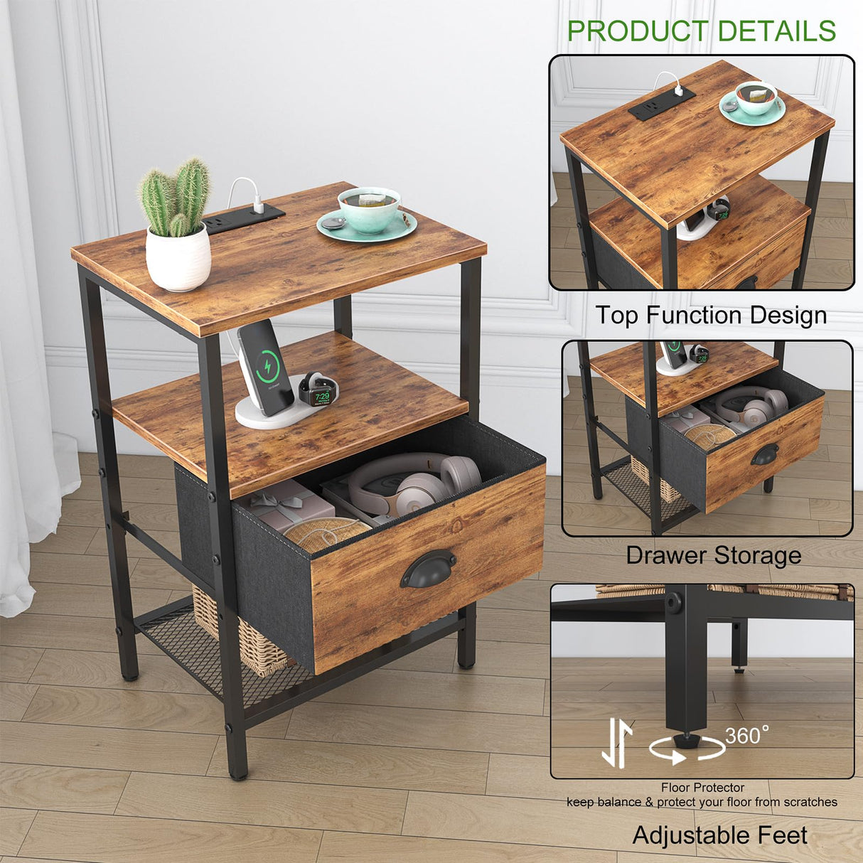 sthmec Nightstands Set of 2, Night Stands with Charging Station and Fabric Drawer, Bedside Tables with Storage, 2- Tier Side Table with Open Shelf, Nightstands with Charging Station,Rustic Brown sthmec