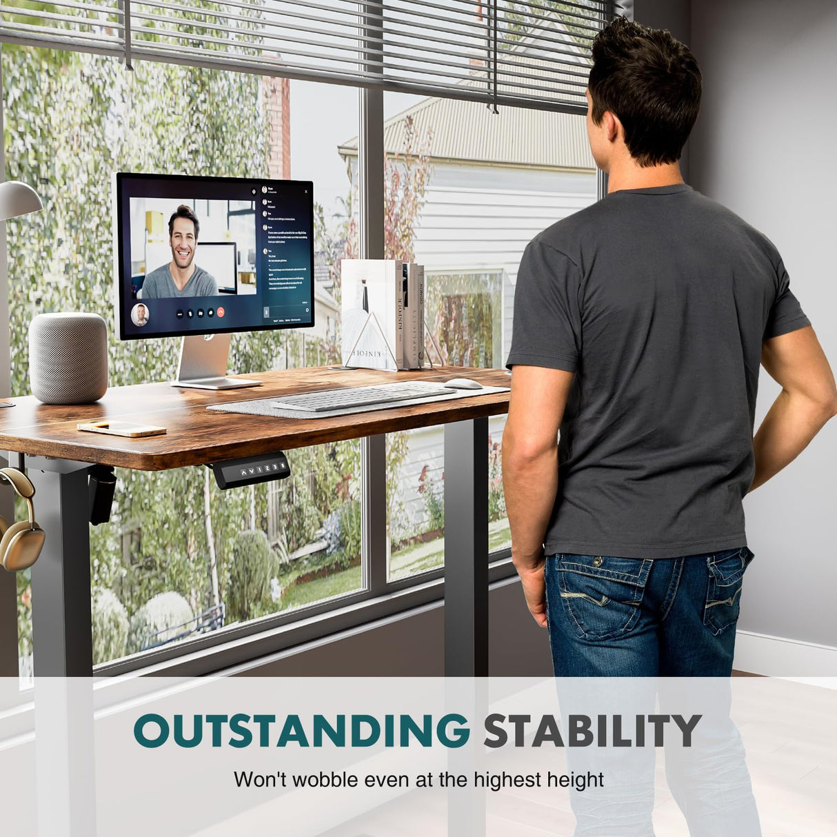 SMUG Standing Desk Adjustable Height, 63x24 Inch Electric Table with 3 Memory Preset & T-Shaped Metal Bracket Modern Computer Workstation with Splice Board for Home Office, Rustic Brown SMUG