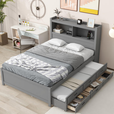 Harper & Bright Designs Full Size Platform Bed with Trundle, Drawers and Bookcase Headboard with USB Plugs, Hardwood Full Size Bed Frame, No Box Spring Needed - Gray