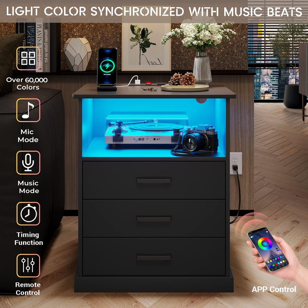 Hasuit Nightstand with Charging Station and LED Lights, Large Bedside Table with 3 Storage Drawer, Black Night Stand for Bedroom, Wider Tabletop 19.0''(L) x 15.0''(W) Hasuit