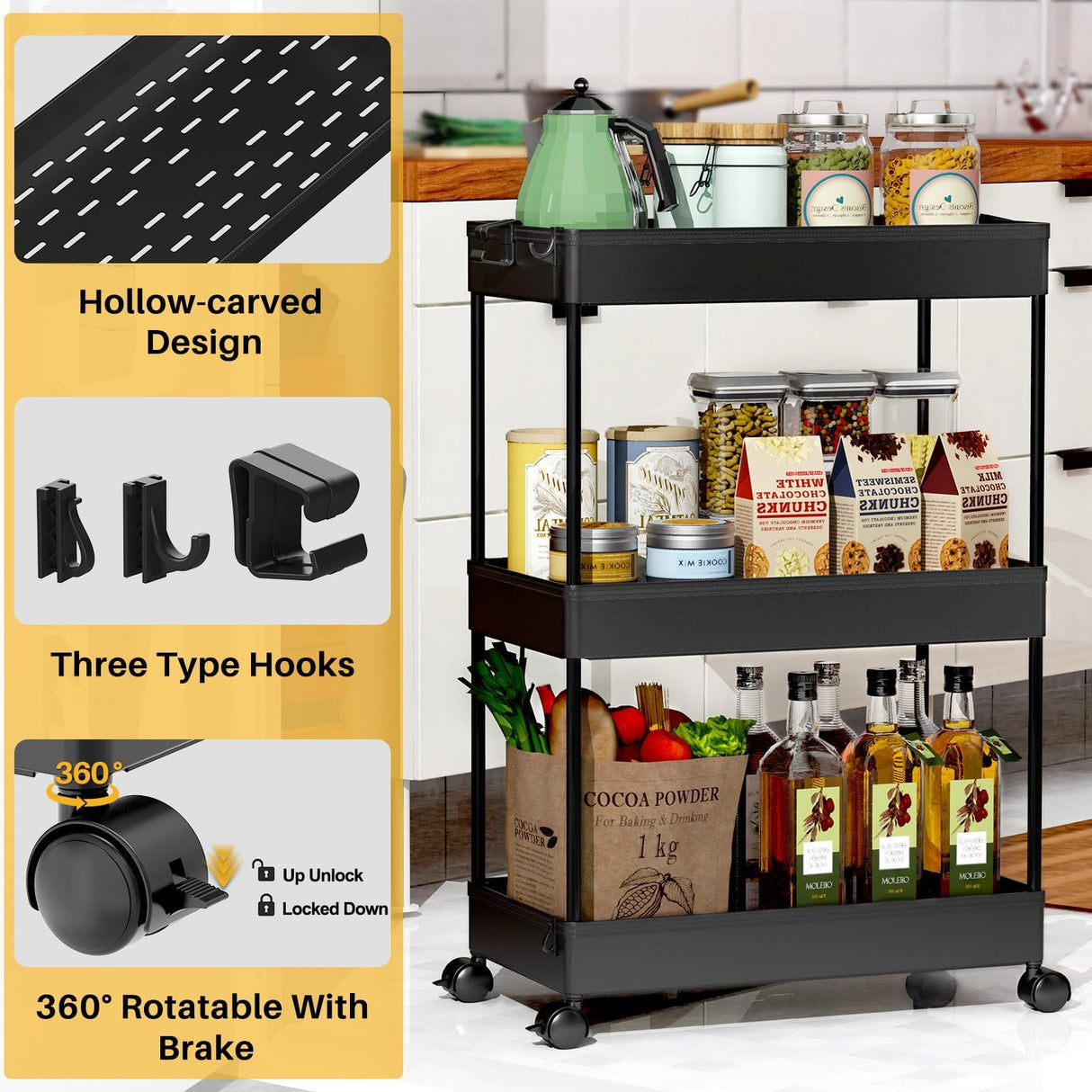 SPACELEAD 3 Tier Rolling Cart with Wheels, Storage Craft Art Trolley Organizer Serving, 3 Hanging Baskets Easy Assembly, for Office, Living Room, Kitchen, Black SPACELEAD