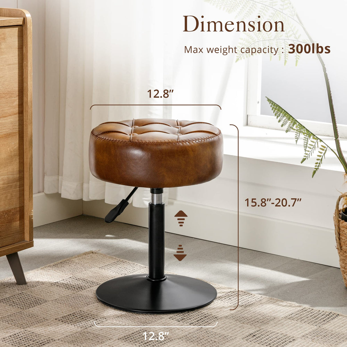 LUE BONA Adjustable Swivel Vanity Chair, Brown Faux Leather Stool for Makeup Room, Small for Bathroom, Living Room LUE BONA