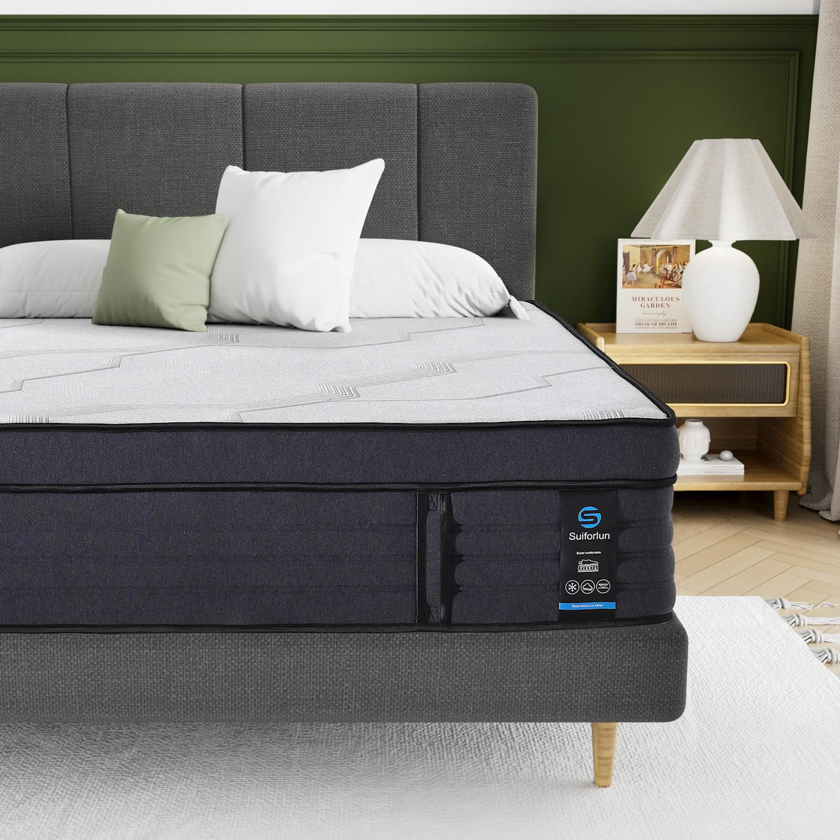 Suiforlun California King Mattress, 15 Inch Hybrid Charcoal Gel Memory Foam Mattress with Firm Edge Pocket Coils, Cooling Deep Sleep, Back Pain Relief, Fiberglassfree Suiforlun