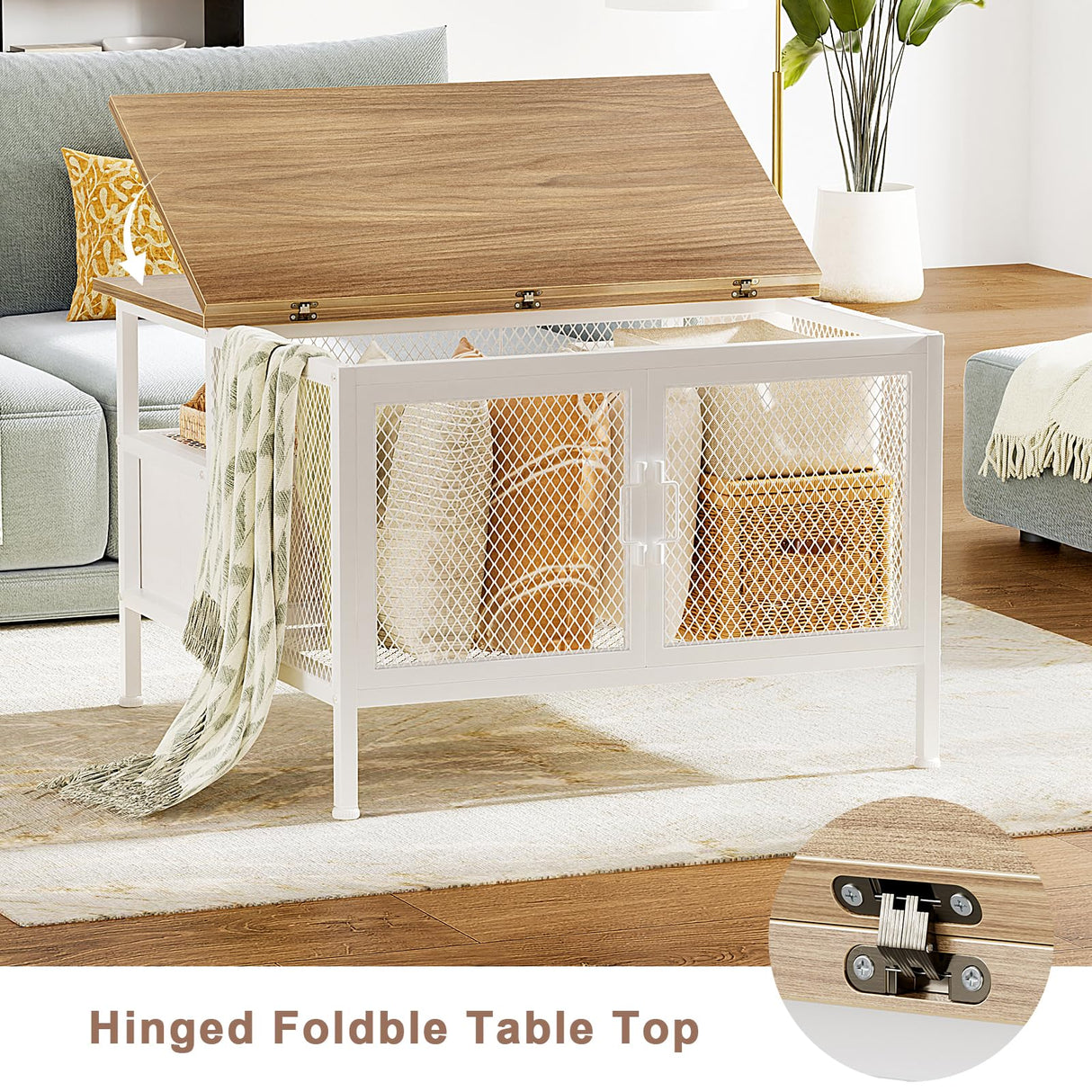 FABATO Flip Top Coffee Table, Square Coffee Tables Metal Wood, Farmhouse Lift Up Coffee Table Cocktail Table with Wire Mesh Barn Door and Storage, Steel Frame, Small Tea Table for Living Room, White FABATO