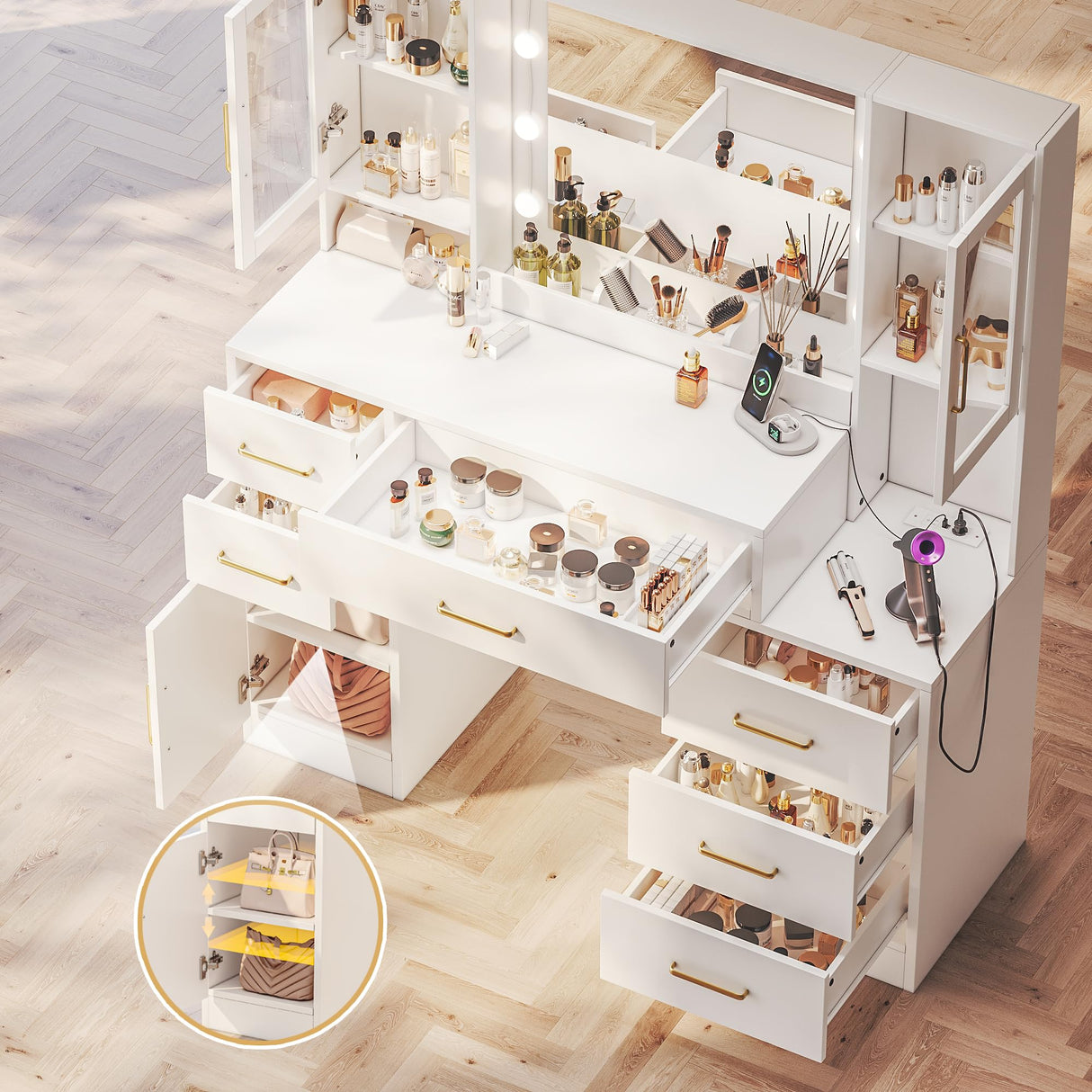 51" Vanity Desk with Mirror and Lights & Charging Station, Bedroom Dressing Table, Large Vanity Set with Cushioned Stool, 6 Drawers and 2 Cabinets, Makeup Vanity Table with Charging Station TOKSOM