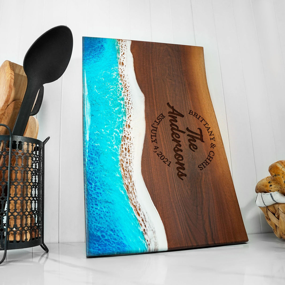 Personalized Resin Ocean Cutting Board, Christmas Gift for Couple, Wedding Gift, New Home Couple Gift, Housewarming Gift, Epoxy Walnut Board asrincodesigns