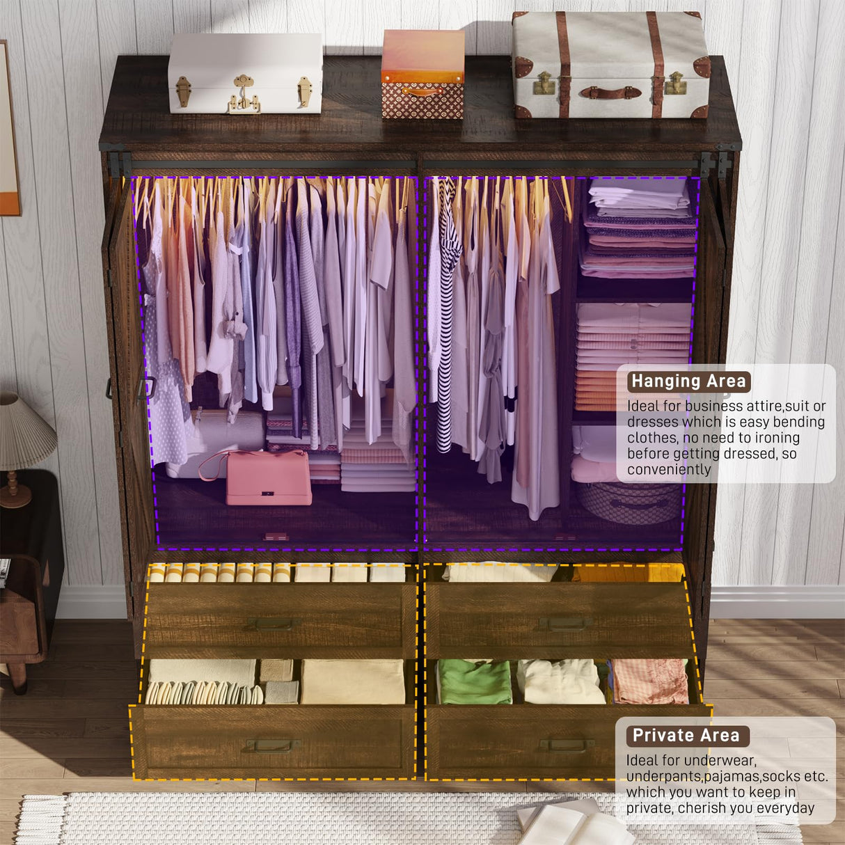 Farmhouse 4 Doors Armoire Wardrobe Closet w/Folding Sliding Barn Door and Lights, LED Armoire Closet w/Drawers for Bedroom, Freestanding Wooden Wardrobe Storage Closets w/Hanging Rod,Rustic Brown jiteentarou