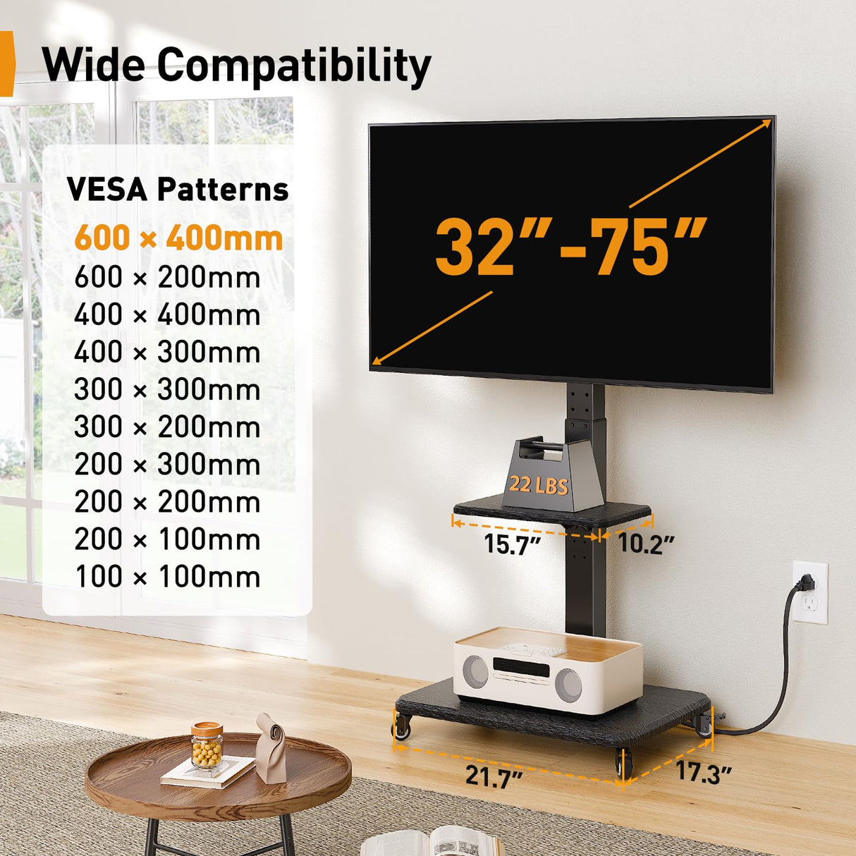 Perlegear Mobile TV Stand with Power Outlet, Tilt & Swivel Rolling TV Cart for 32 to 65 70 75 inch TVs up to 110 lbs, Height Adjustable Rolling TV Stand with Wheels, Max VESA 600x400mm, PGTVMC17 Perlegear