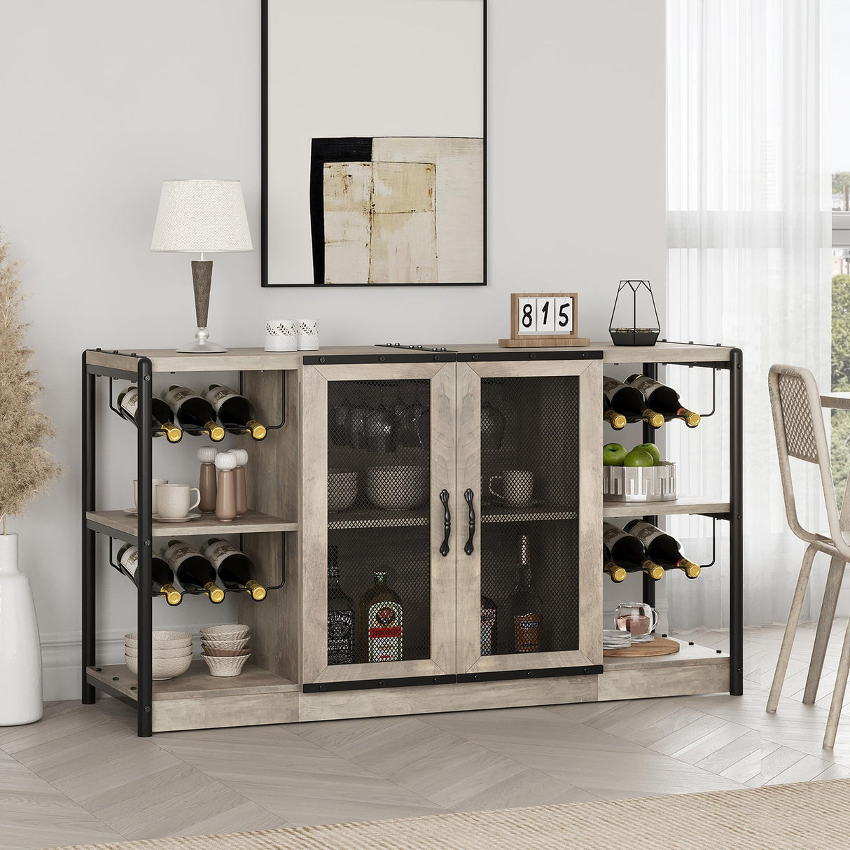 GAOMON Wine Bar Cabinet, Liquor Cabinet for Liquor and Glasses, Industrial Bars & Wine Cabinets with Storage and Wine Rack, Home Bar Furniture for Dining Room, Living Room, Kitchen (Grey) GAOMON