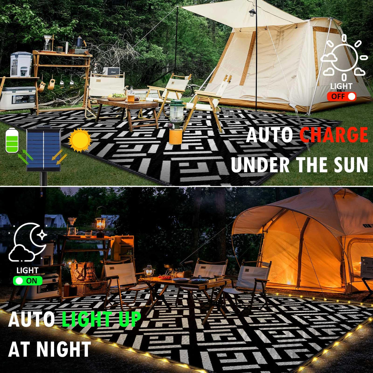 Outdoor Rug 6x9Ft, Solar Powered Outdoor Camping Rug with 94LEDs Strip Lights, Waterproof Plastic Reversible Outdoor Straw Rugs, Rugs Mat for RV Camping Patio Beach Balcony House Deck Picnic carpopo