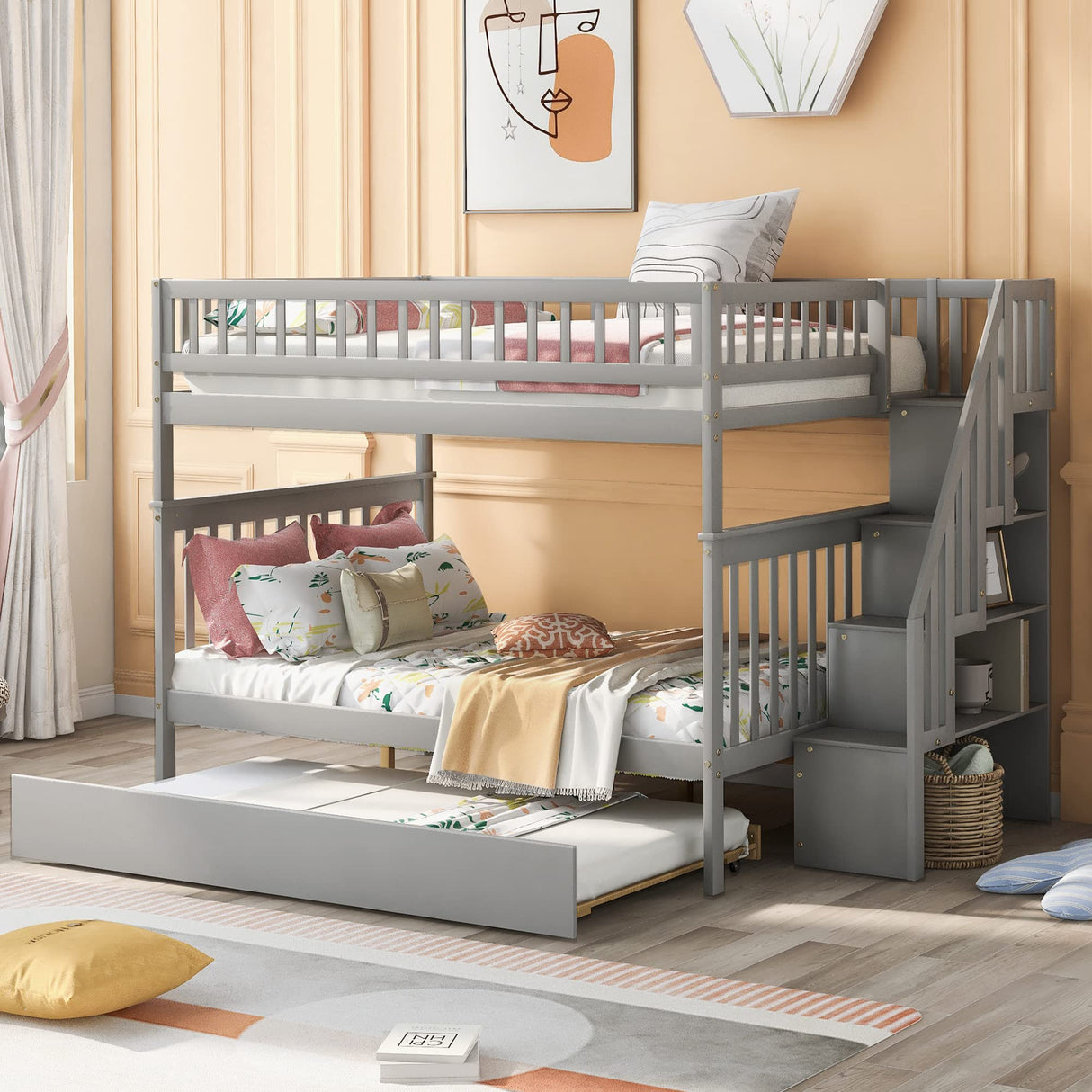 Full Over Full Bunk Beds with Trundle and Stairs Stairway Bunk Bed Frame with Storage Shelves for Kids Teens Adult, Detachable Wood Full Bunk Bed for Boys Girls Adults, Gray Bellemave
