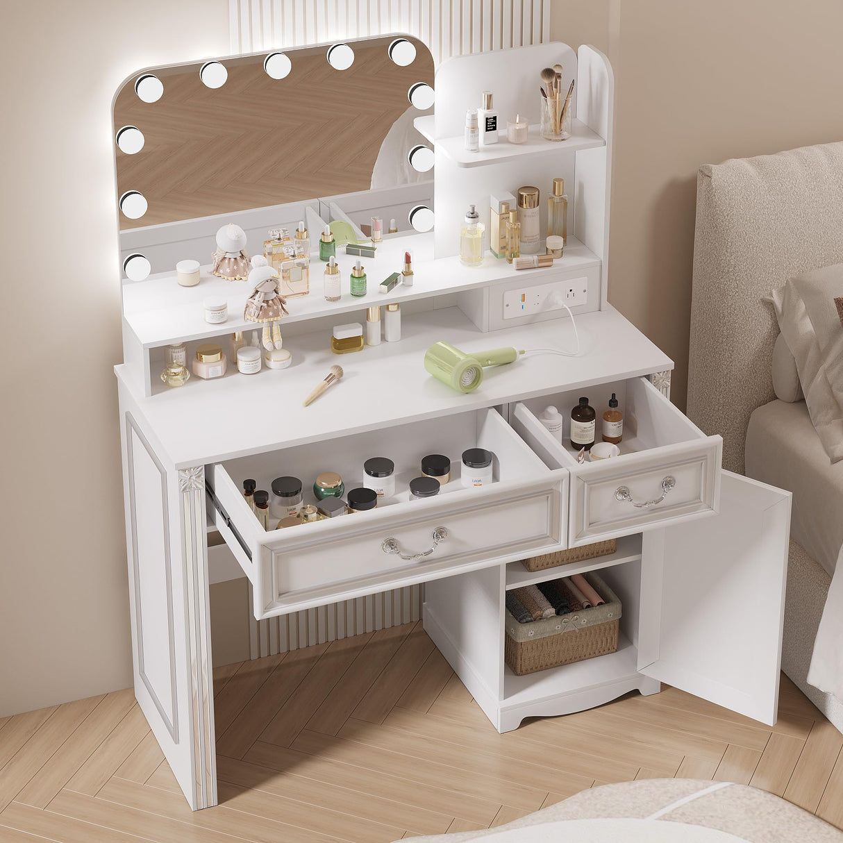 Ylued Vanity Desk with Mirror and Lights Power Outlet, 39 inch Makeup Vanity with Charging Station, Mid-Century Modern Dressing Table with 2 Drawers for Bedroom, White Ylued