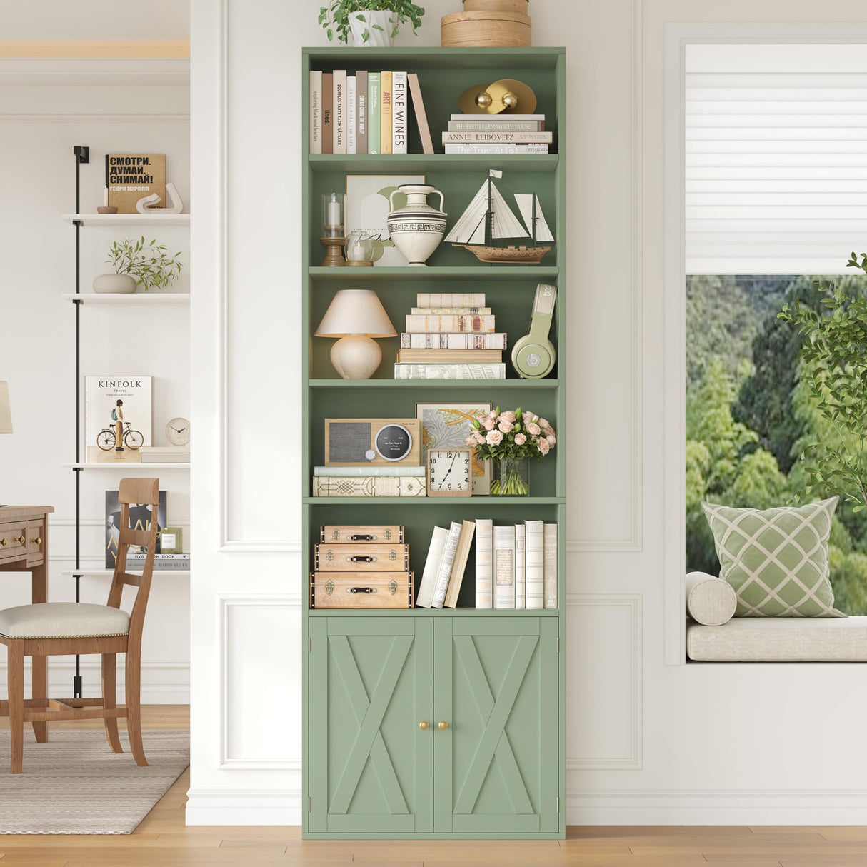 FACBOTALL 82" Tall Bookcase and Book Shelf, 24" Wide Bookshelf with Doors, 7 Tier Bookcase with Storage and Adjustable Shelf, Open and Display Farmhouse Bookshelf for Living Room, Home Office, Green FACBOTALL