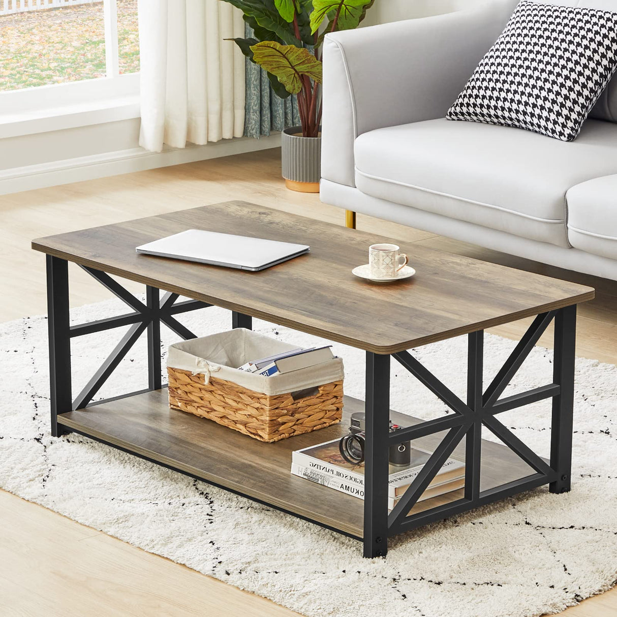 GreenForest Coffee Table for Living Room with Round Corners Farmhouse Style Center Table with Storage Shelf 39 Inch Space Saving Easy Assembly Gray Wash GreenForest