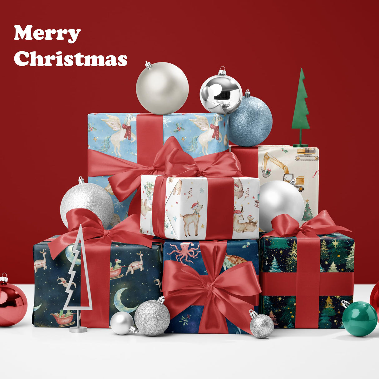 SaringSwoon Construction Christmas Wrapping Paper for Kids - Holiday Wrapping Paper with Dump Trucks, Cranes, Excavators with Santa Hats & Gifts, Christmas Tree - 40×28 Inches, 4 Folded Sheets SaringSwoon