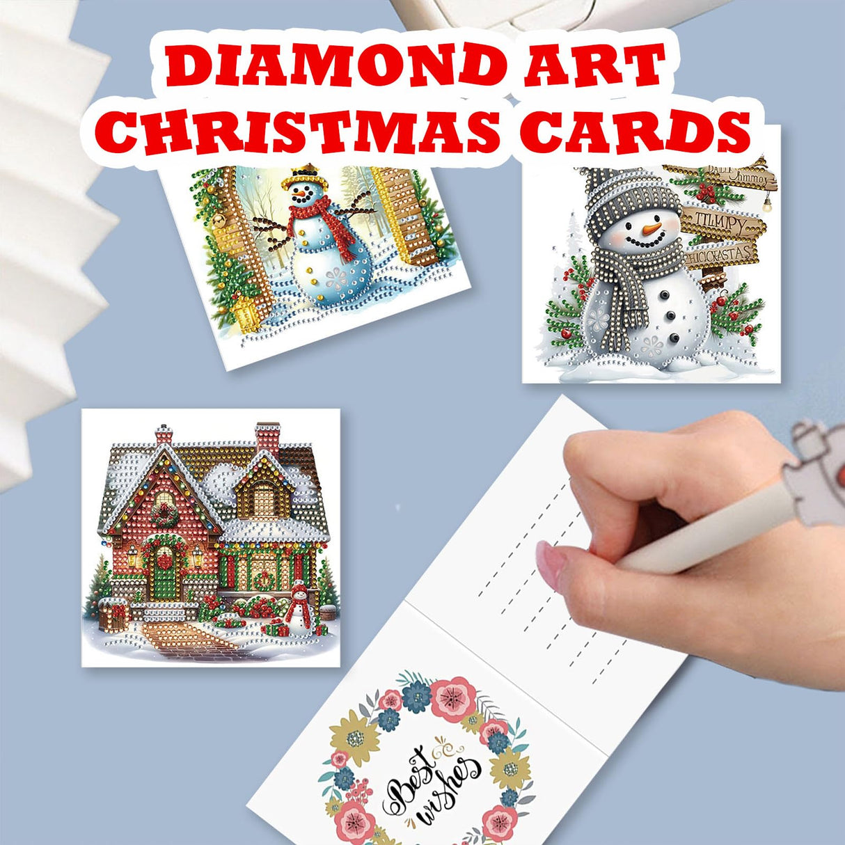 YOKUSHI 12 PCS Diamond Art Painting Christmas Greeting Cards with Envelopes, Snowman Craft DIY Card Making Kits for Adults Kids Gifts (White) YOKUSHI