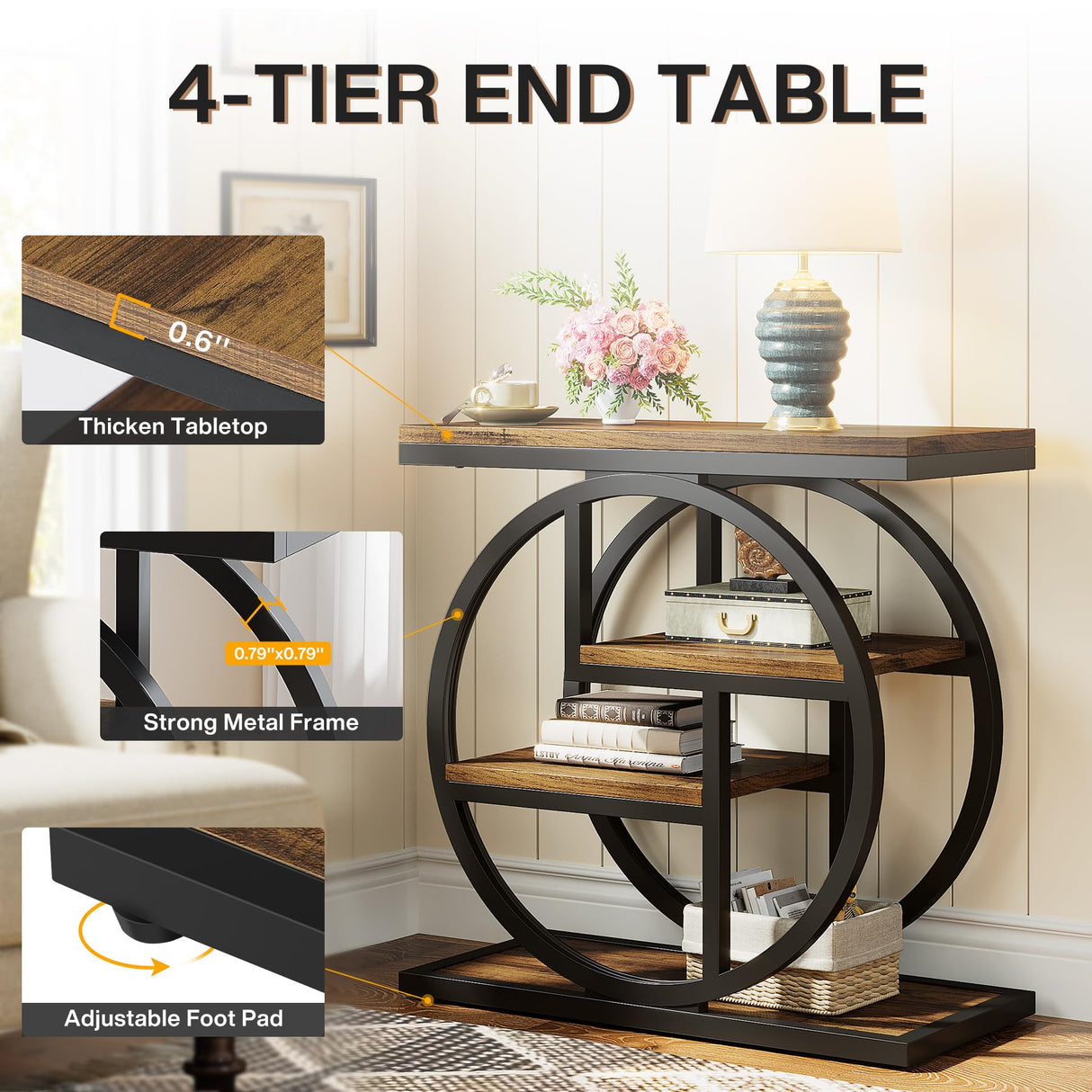 Tribesigns End Table Set of 2, 4-Tier Narrow Side Table with Storage Shelves, Wood Small Sofa Side Table with Geometric Metal Frame, Industrial Bedside Table for Bedroom, Living Room, Rustic Brown Tribesigns