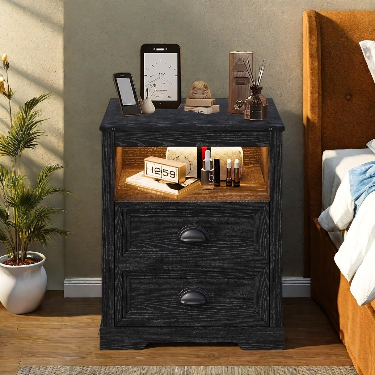 FONTOI Farmhouse Nightstand with Charging Station, End Table with Drawers, Bedside Table with 3 LED Lights Modes, Wood Nightstand with Smart Human Sensor for Bedroom, Black, Set of 2 FONTOI